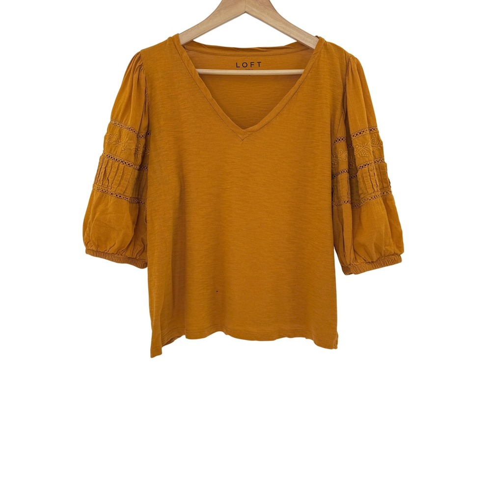 LOFT Women's V-Neck Puff Sleeve Lace Detail Blouse, Gold/Mustard Sz L Boho FLAWS